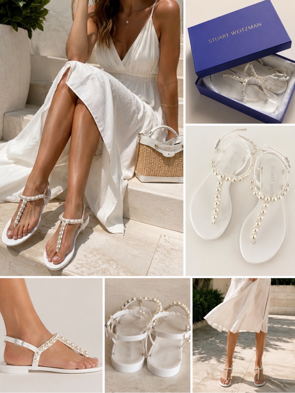 Stuart Weitzman White Pearl-Embellished T-Strap Sandals